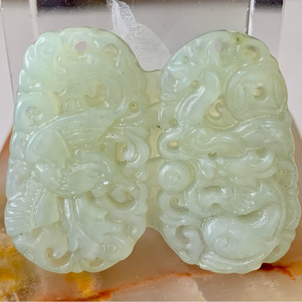 Vintage Translucent Celadon Jade Pendant Double Plaque Chinese Phoenix Dragon